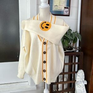 Cozy, cute, letterman style sweater, happy face patches on elbows, size L